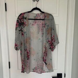 Chic Floral Sheer Kimono in Pink and Gray/blue